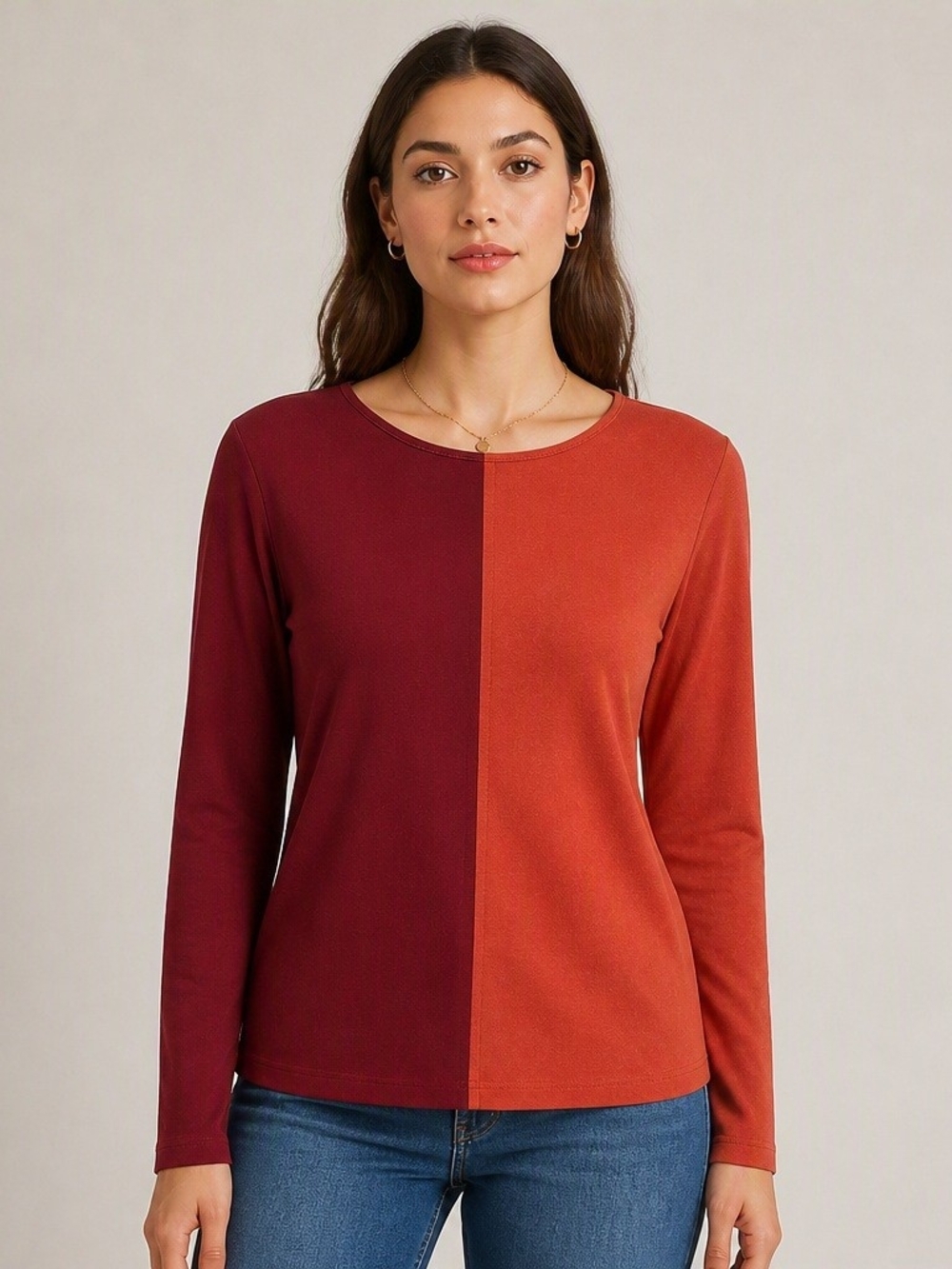 Olsen Two‑Tone Knit Sweater Burnt Orange Burgundy Fall Cozy Chic Work Casual L